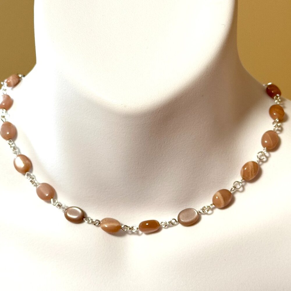 Peach Moonstone Necklace, Genuine Gemstone Adjustable Layering Choker